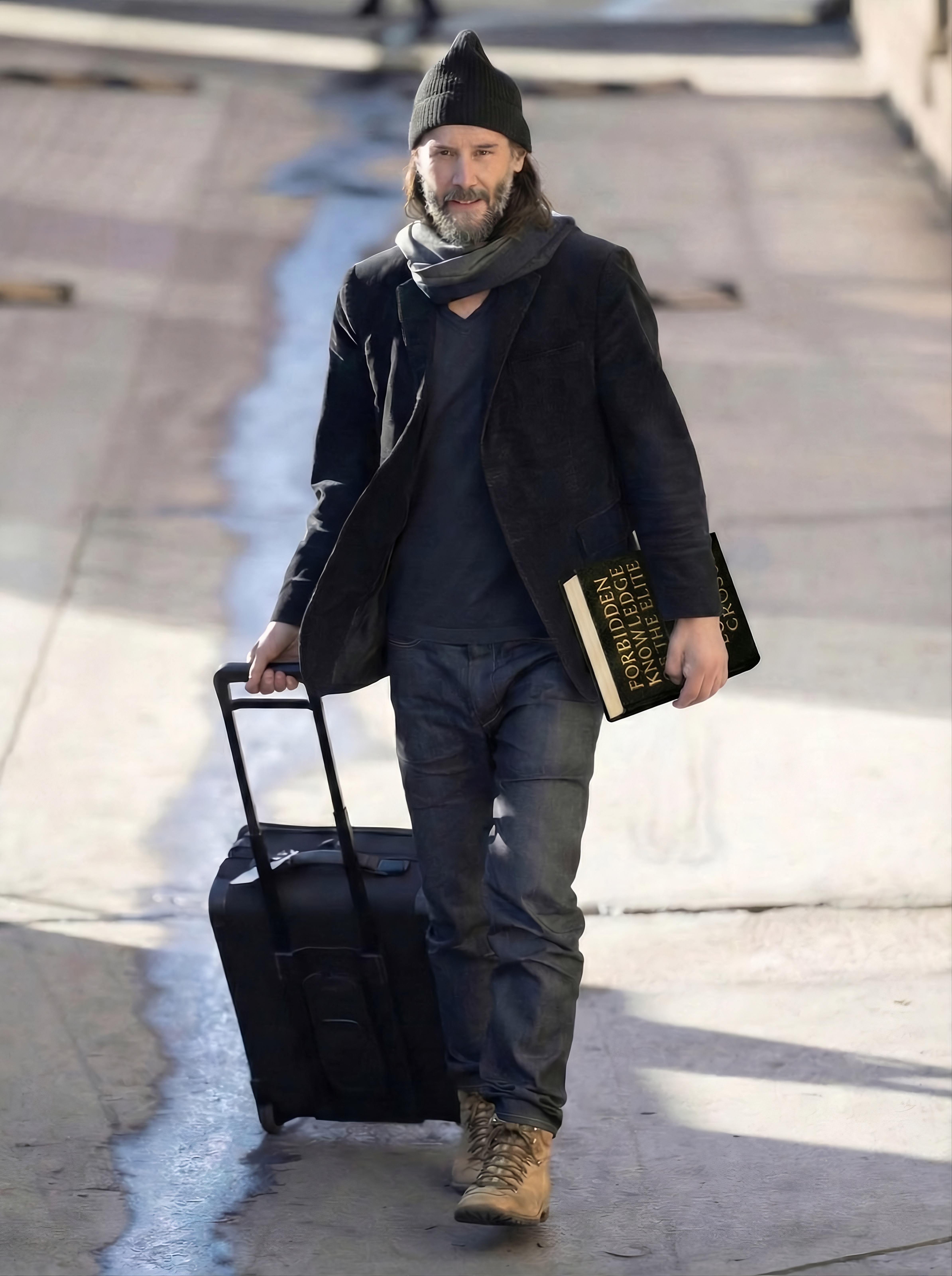 Keanu Reeves carrying Forbidden Knowledge of the Elite by Lucian Cross